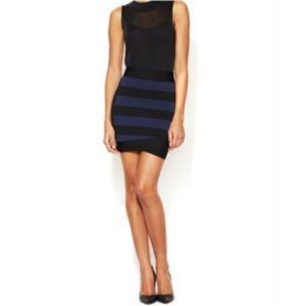 BCBGMaxazria Blue and Black Striped Bandage Bodycon Mini Skirt Small